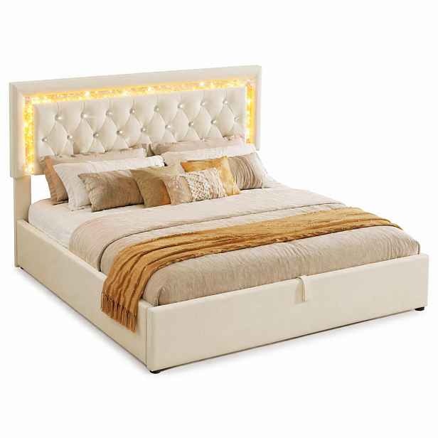 STILVORA ČALOUNĚNÁ POSTEL 140/200 cm béžová sametová, úložný prostor, LED, USB/Type-C, kosočtverce