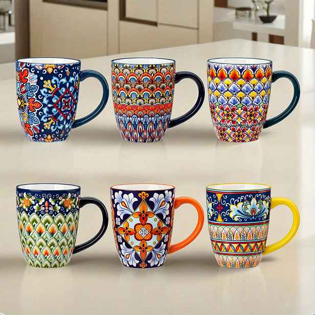 TEMU Sada 6 velkých keramických hrnků Boho o objemu 16 oz s pro latte, cappuccino a horkou čokoládu