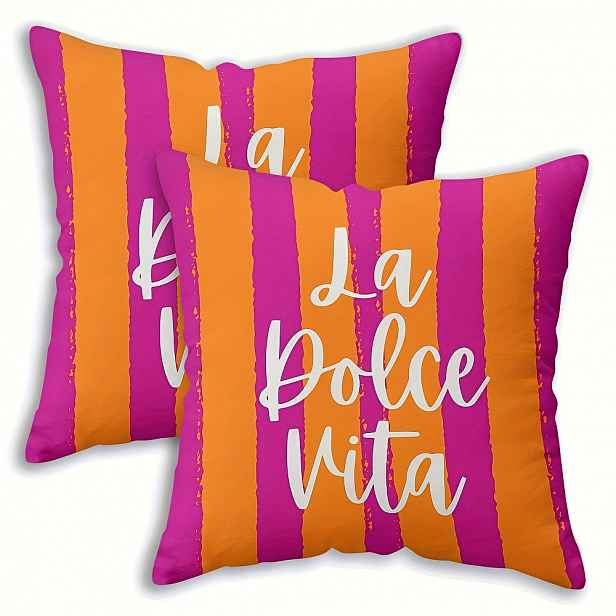 TEMU 2 ks Povlaky na polštáře, Růžovo-oranžové pruhované s potiskem " Vita", Oboustranný design, Pratelné dekorativní povlaky (bez výplní), 18x18