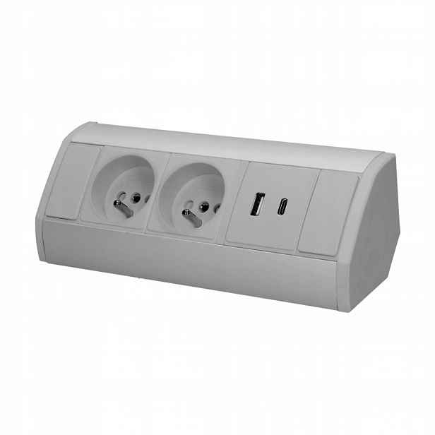 Nábytková zásuvka 2x2P+Z, 2xUSB (typ A+c; 2,4A), šedo-stříbrná