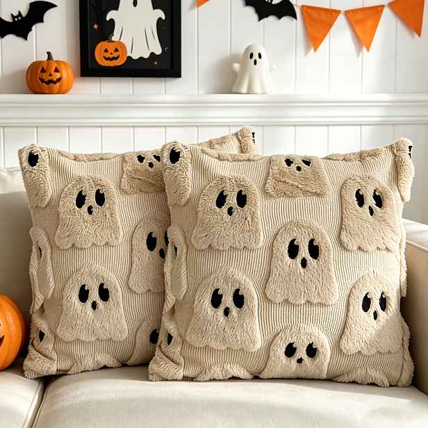 TEMU 2 ks Halloweenské plyšové povlaky na polštáře, 18X18 palců, měkké plyšové roztomilé povlaky na polštáře zdobené duchy, vhodné pro Vánoce,