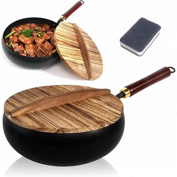 Litinová Pánev Japonská 28 CM Ručně Kovaná S Dřevěným Víkem