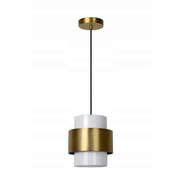 Skleněná závěsná lampa bílá zlatá obruč do jídelny nad stůl a ostrov Lucide