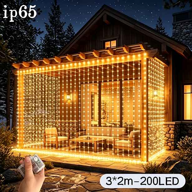 TEMU 300 X 200 cm, 200 LED světelný závěs, LED pohádková světla, vodopádová světelná řetěz, 8 režimů nastavitelných, teplé/bílé světlo volitelné,
