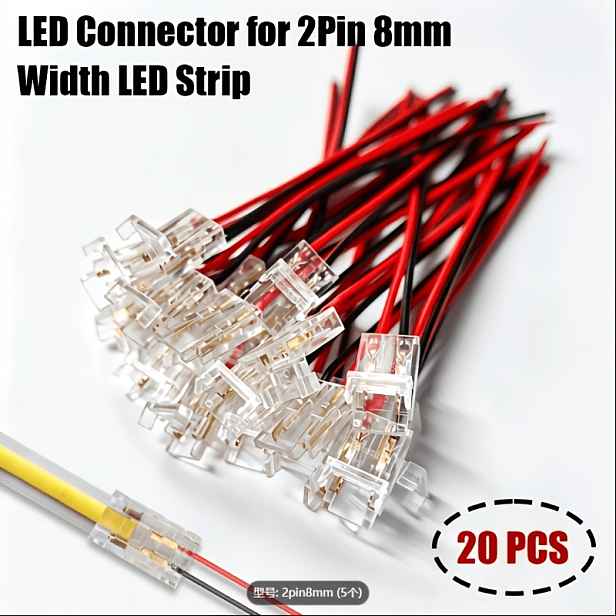 TEMU Balení 20 ks bezzápustných 2kolíkových konektorů pro COB pásky s drátem 4,33 palce, rychlospojkový adaptér 8 mm, kompatibilní s LED pásky