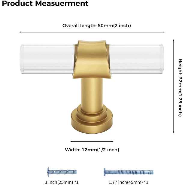 Nábytkové úchytky Goldenwarm zlaté T-Bar 50 mm, sada 15 ks