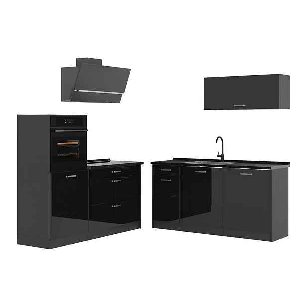 Vicco KUCHYŇSKÝ KOUT R-Line, Černý vysoký lesk/Antracit, 160 cm pracovná doska antracitová