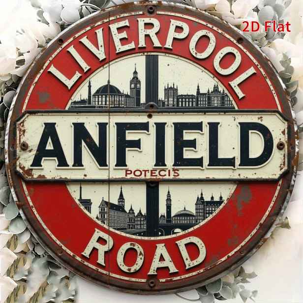 TEMU 2D Plochý, Anfield Kovový Znak - Rustikální Hliníková Nástěnná Umění, 20,32x20,32 cm, Červenobílý Ošoupaný Design, Perfektní pro Domov, Bar,