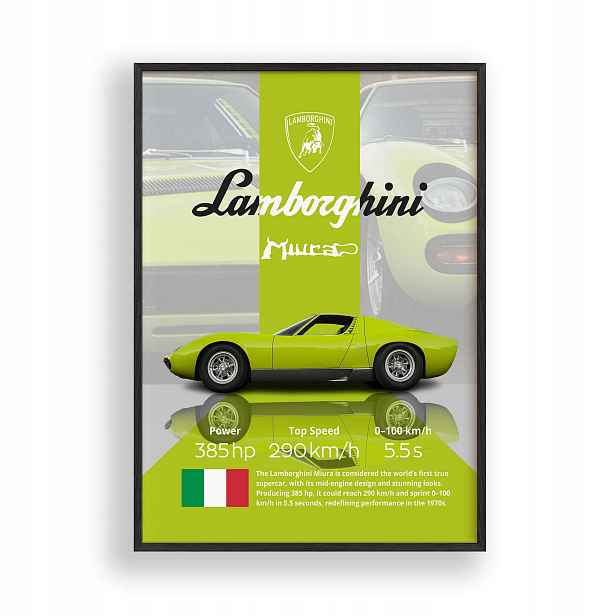 Obraz Auto Lamborghini Miura Plakát Rámeček Dřevěný Černý 30x42 cm