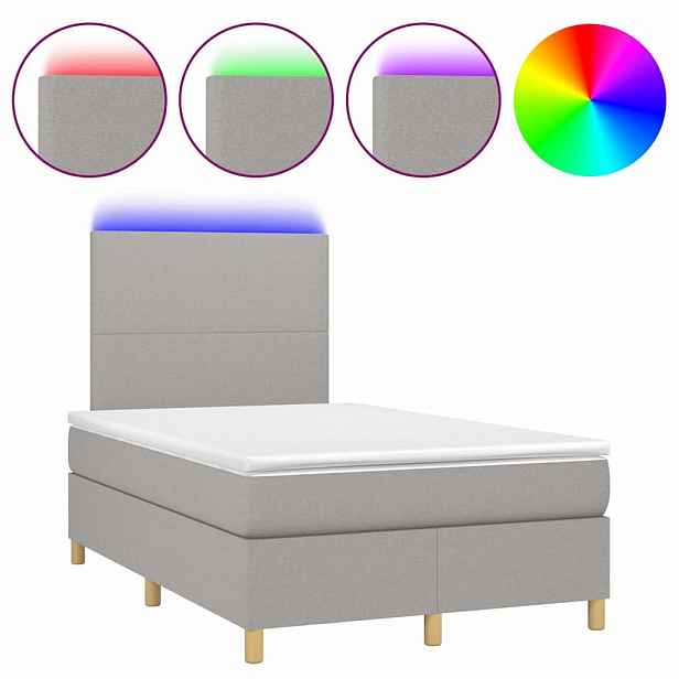 vidaXL Box spring postel s matrací a LED světle šedá 120x200 cm textil