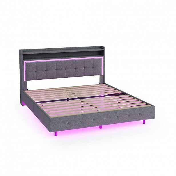 WISHDOR ČALOUNĚNÁ POSTEL 140/200 cm v šedé lněné látce s LED osvětlením, USB a odkládací plochou