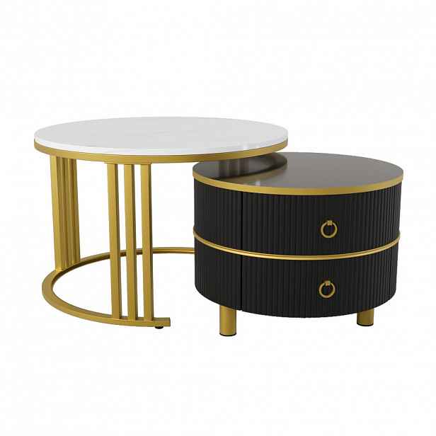 STILVORA SET KONFERENČNÍCH STOLŮ v černé barvě se 2 zásuvkami a mramorovým dekorem, 70×70×46 cm