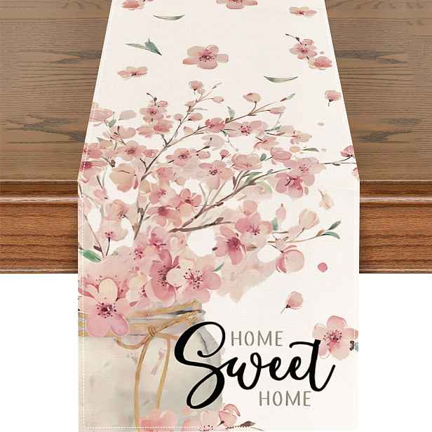 TEMU 1ks Elegantní Růžový Běhoun na Stůl s Třešňovými Květy - "Domov Sladký Domov" Jarní & Letní Dekorace, 13x72 Palců, Polyester, Perfektní pro