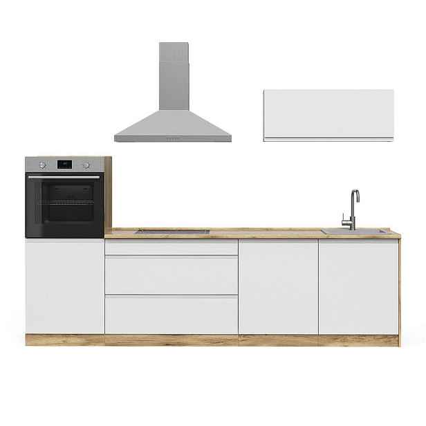 Vicco KUCHYŇSKÝ KOUT R-Line, Bílá/Zlatý mocný dub, 280 cm pracovní deska Platina