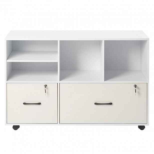 Kancelářská skříňka bílá, silné dokumenty, 2 zásuvky, 4 police, uzamykatelná kolečka A3
