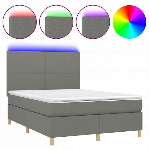 vidaXL Box spring postel s matrací a LED tmavě šedá 140x190 cm textil