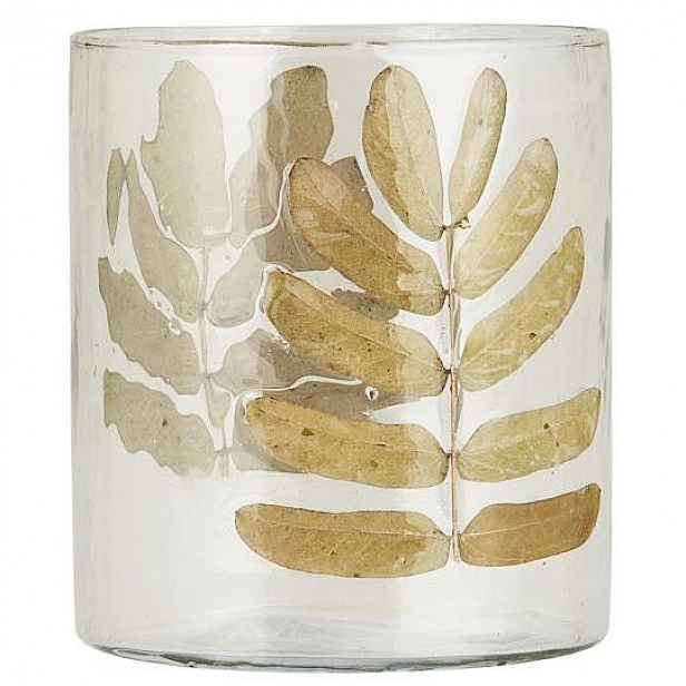 IB Laursen Skleněný svícen s mosazným dekorem TEALIGHT LEAVES