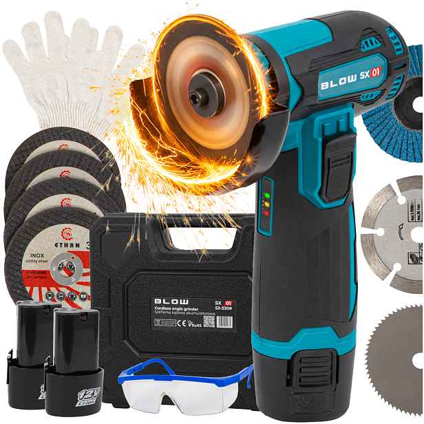 Úhlová Bruska Akumulátorová 900W 12V 19500 Rpm 2x Aku 7x Kotouč Kufr