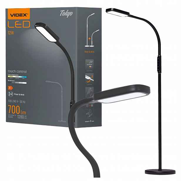 Led podlahová lampa 12W 1280lm 5500K Studená černá Stmívatelná Tokyo Videx