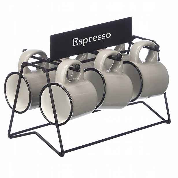 Porcelánové Šálky Na Espresso Šedé 100 ML 6 Ks S Kovovým Stojánkem