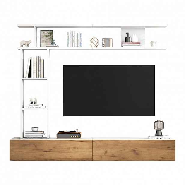 STILVORA OBÝVACÍ STĚNA v bílé barvě s TV stolkem, stojacím regálem a nástěnnou policí, 180 × 35 × 22,5 cm