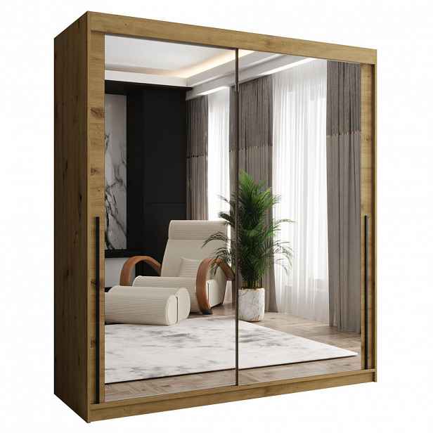 Home Collective ŠATNÍ SKŘÍŇ S POSUVNÝMI DVEŘMI se zrcadlem, šířka 180 cm, Artisan s černým madlem