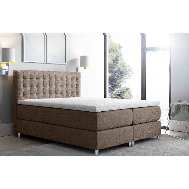 Vysoká čalouněná postel boxspring Luca hnědá 180 + topper zdarma