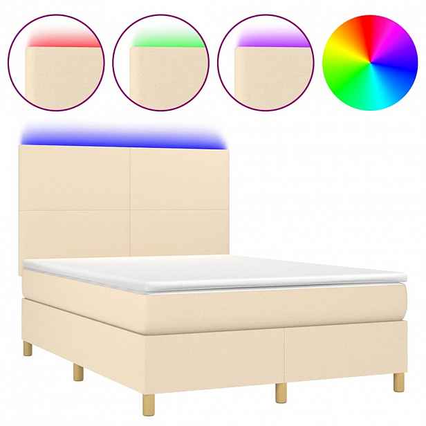 vidaXL Box spring postel s matrací a LED krémová 140x190 cm textil