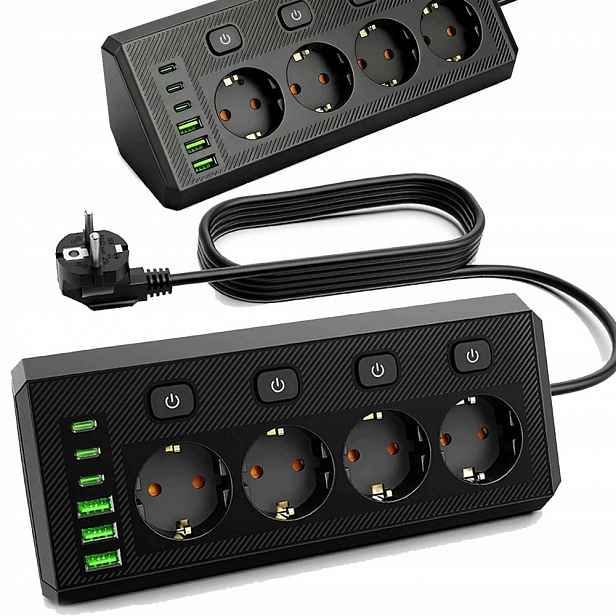 Prodlužovací Kabel Zásuvková Lišta 2 M 4 Zásuvky 6X Usb Nabíječka 45°