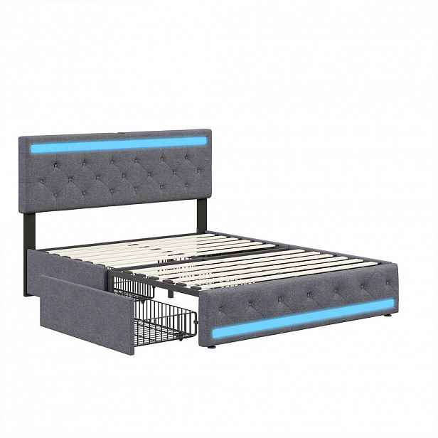 SHOPENTRA MANŽELSKÁ postel 180x200cm šedý lněný LED zásuvky s USB typu C