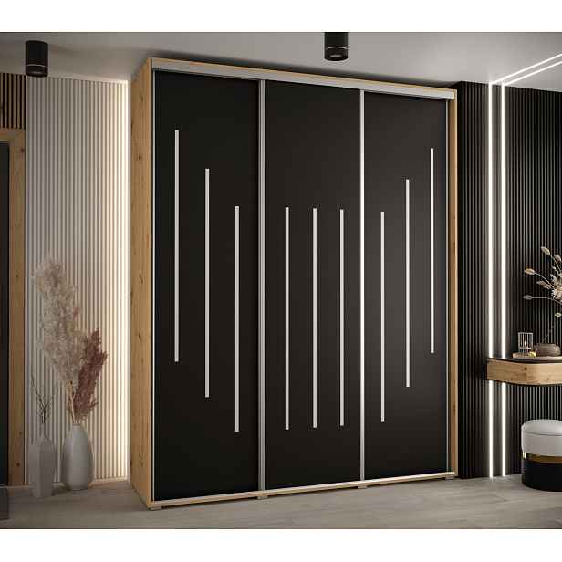 Šatní skříň YVONA 8 - 200/45 cm, dub artisan / černá / stříbrná