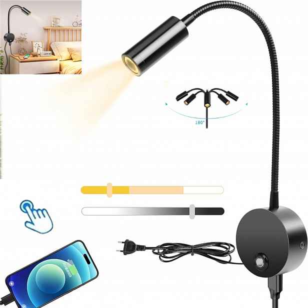 Nástěnné Svítidlo Nastavitelné Noční Lampa S Ohebným Rámem, Černé, Nad Postelí Pro Čtení