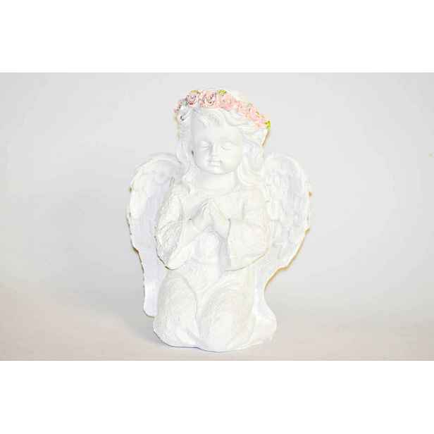 PROHOME - Anděl bílý klečící 16cm růžový věněček, polyrezin