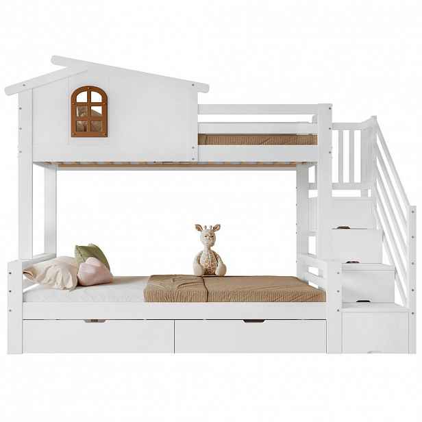 STILVORA ETAGENBETT 90/200 cm & 120/200 cm in Weiß & Natur mit 2 Schubladen und Eck-Leiterschrank