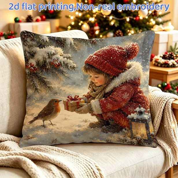 TEMU 1 ks 2D plochá potištěná povlak na polštář, jednostranný tisk bez výplně polštáře, zapínání na zip, velikost 45X45 cm/18X18 palců, zimní motiv