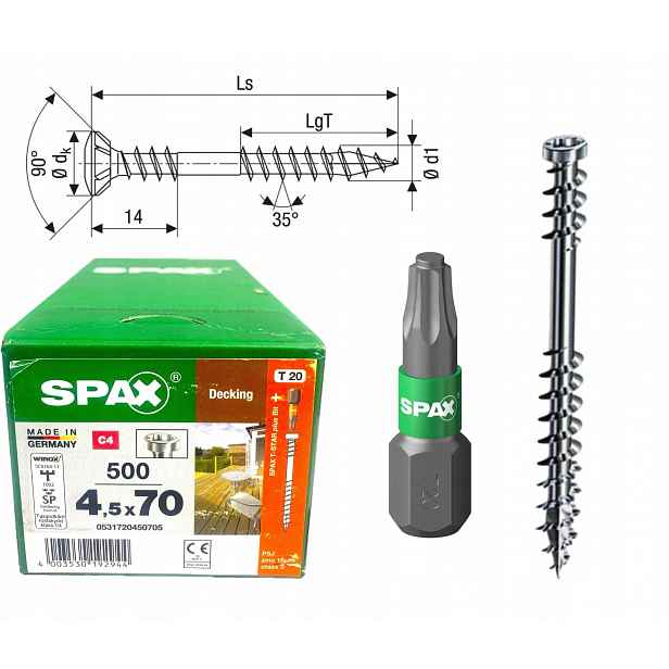 Spax Šrouby do dřeva 4,5 x 70 mm. 500 ks bit T20 ocel