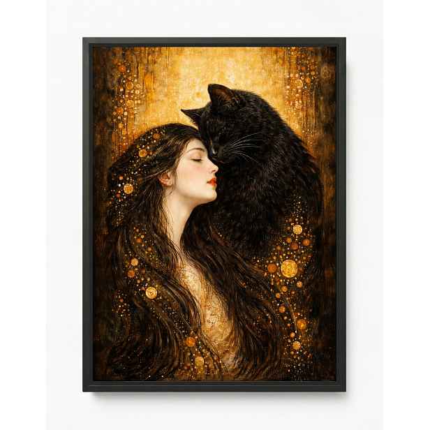 Obraz Rám American Box Portrét Žena Černá Kočka Gustav Klimt Styl 60x80