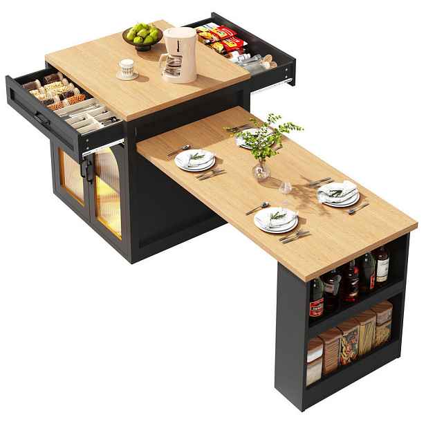 Modenvie BUFFET ostrov z MDF, 126–196/59/94 cm, černý, s výsuvnou deskou a RGB LED