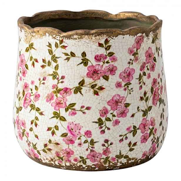 Keramický obal na květináč s růžovými květy Vintage Bloom M - Ø 14*12 cm Clayre & Eef