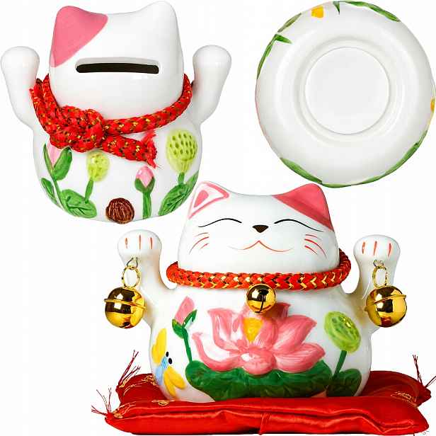 Otevírací pokladnička Figurka Japonská Kočka Štěstí Maneki Neko Zvonky 10 cm
