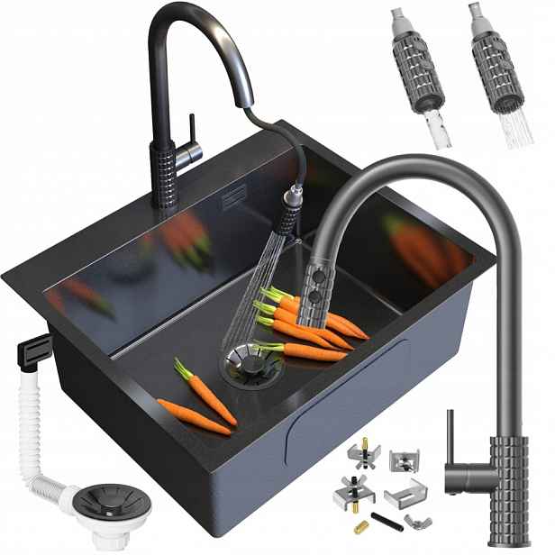 Dřez Ocelový Jednokomorový Černý Grafitový SILVO60 Snake Pro Sifon Lux