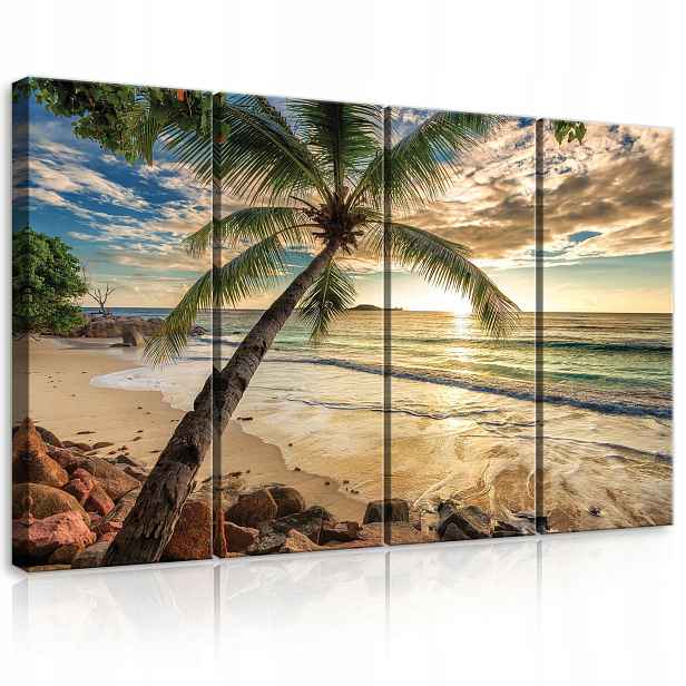 Obraz 120x80 Tropický západ slunce rajská pláž palma oceán zlatý vánek