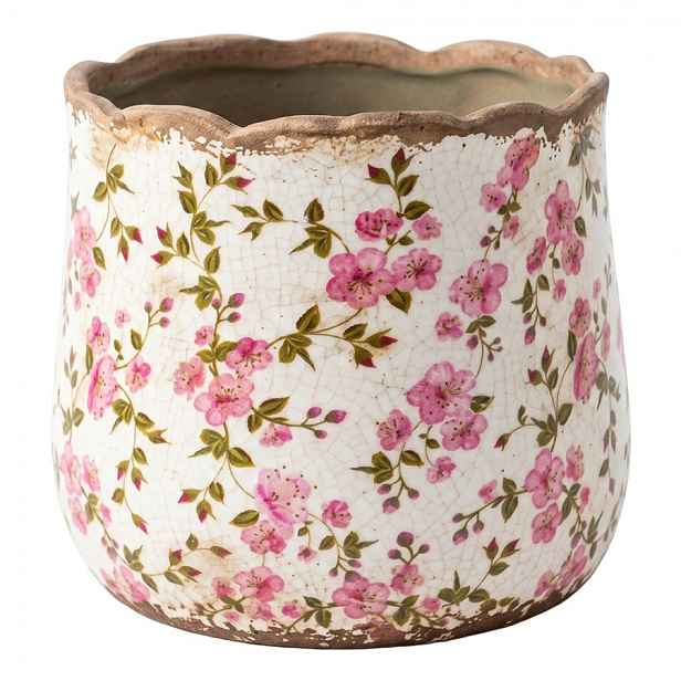 Keramický obal na květináč s růžovými květy Vintage Bloom S - Ø 11*10 cm Clayre & Eef