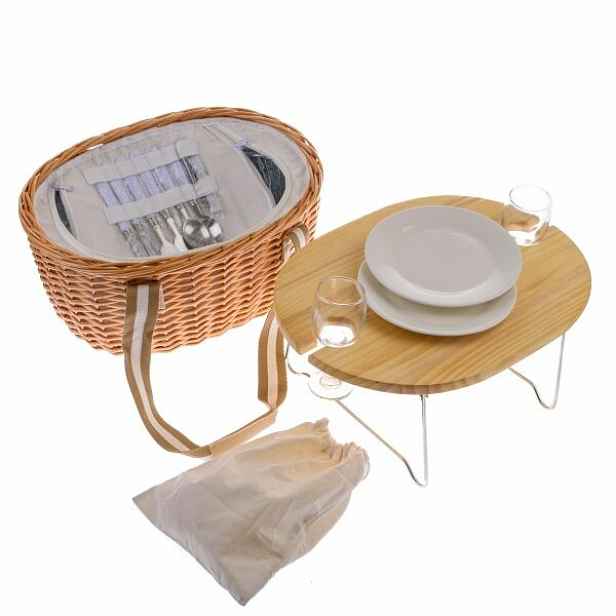 Proutěný piknikový koš s pevným víkem/stolem pro 2 osoby s termoboxem, 40 x 31 x 21 cm, 3 kg