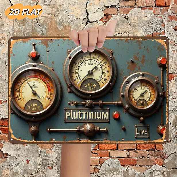 TEMU 2D plochý, 2D plochý 1 ks, 'Platinum Live: Retro Industriální Displej Palubní Desky', Logo, Nástěnné umění/Pokoje/Restaurace/Bar/Dveře/Garáž