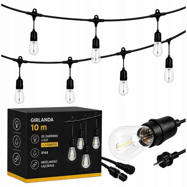 Led světelná zahradní girlanda 20 m s 20 žárovkami 1W 2700K IP44 Led řetěz
