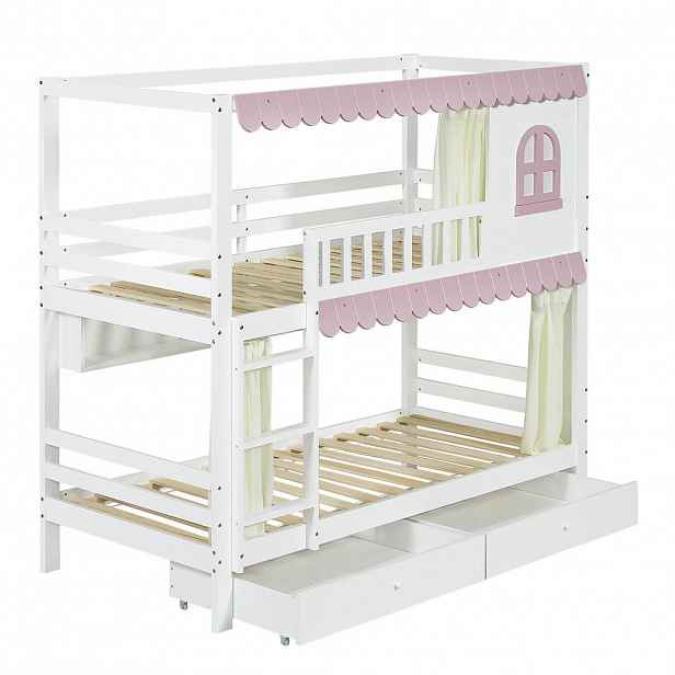 STILVORA ETAGENBETT 90/200 cm & 90/200 cm in Weiß & Rosa Kinderbett mit 2 Schubladen, Regal und Fallschutzgitter