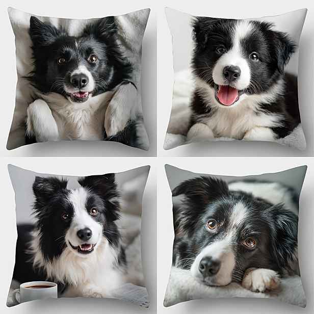 TEMU 4 ks Roztomilé Dekorační Povlaky na Polštáře / Povlaky na Polštáře, 2D Tisk Design Border Collie, Téma Domácích Mazlíčků, Černobílý Styl,