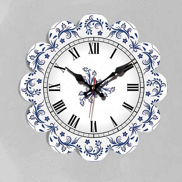 TEMU Dřevěné nástěnné hodiny ve tvaru okvětního lístku s modrobílým porcelánovým vzorem, kreativní designové hodiny, vhodné do obývacího pokoje,