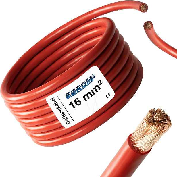 3-metrový červený akumulátorový kabel H07 Vk 16 mm²